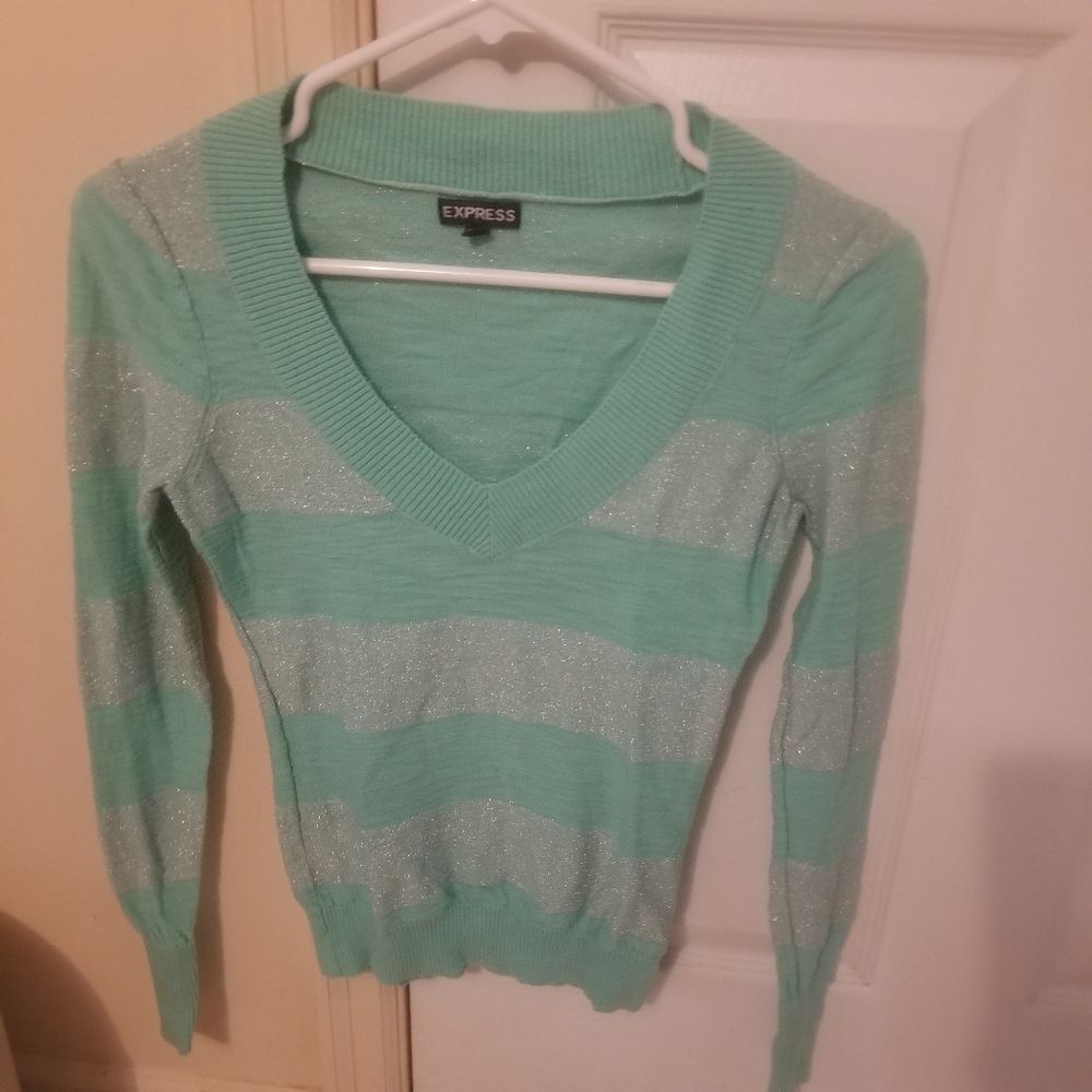 Express VNeck Sweater Striped Turquoise and Silver Size XSmall